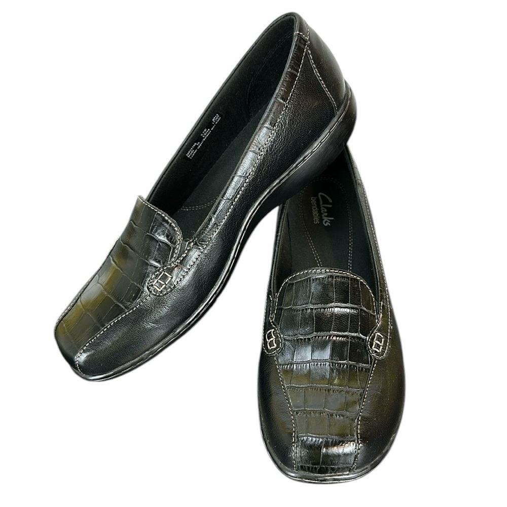 Clarks‎ Bendables Bayou Croco Embossed Slip On Black Leather Loafers 9.5W